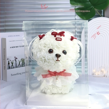 Плюшено кученце Бишон Малтезе с безсмъртно цвете – розова тема; подарък за двойки, приятели, деца и съученици; фестивален подарък за сватби, рождени дни и дипломиране