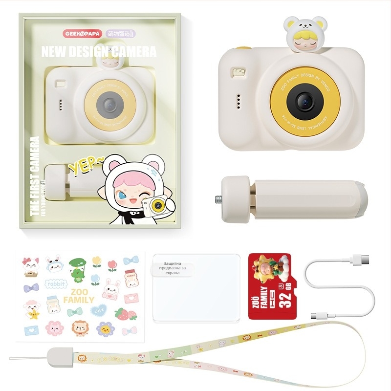 Детска карикатурна цифрова камера със стойка — фронтална и задна двойна камера, над 40 MP, 2,4-инчов LCD, TF карта поддръжка, ABS корпус, модел A6