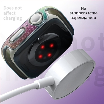 Калъф за Apple Watch с PC и кожа, закалено фолио за дисплея, единична редица диаманти, съвместим с Apple Watch 4–9 и SE