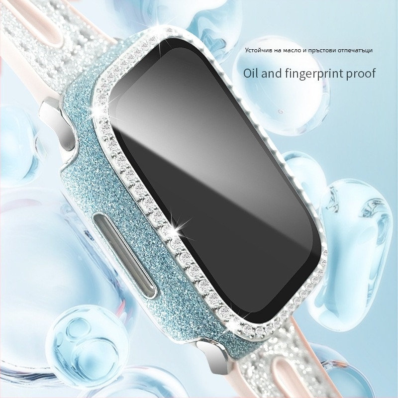 Калъф за Apple Watch с PC и кожа, закалено фолио за дисплея, единична редица диаманти, съвместим с Apple Watch 4–9 и SE