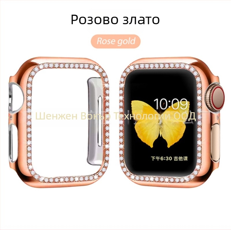 Защитен калъф за Apple Watch от PC, едноредово диамантено инкрустиране и електроплатен финиш, съвместим със серия 8/7/SE