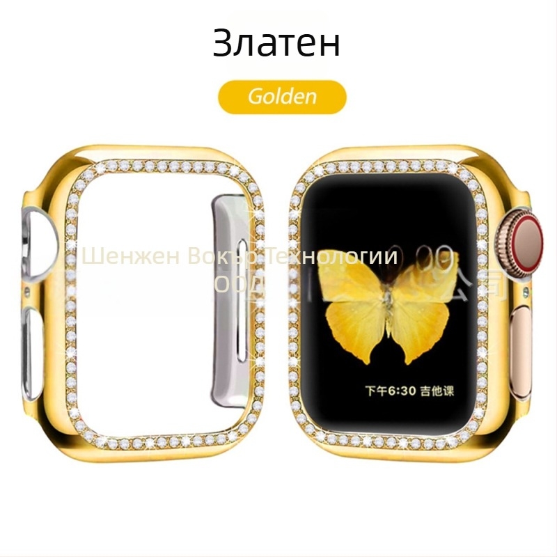 Защитен калъф за Apple Watch от PC, едноредово диамантено инкрустиране и електроплатен финиш, съвместим със серия 8/7/SE