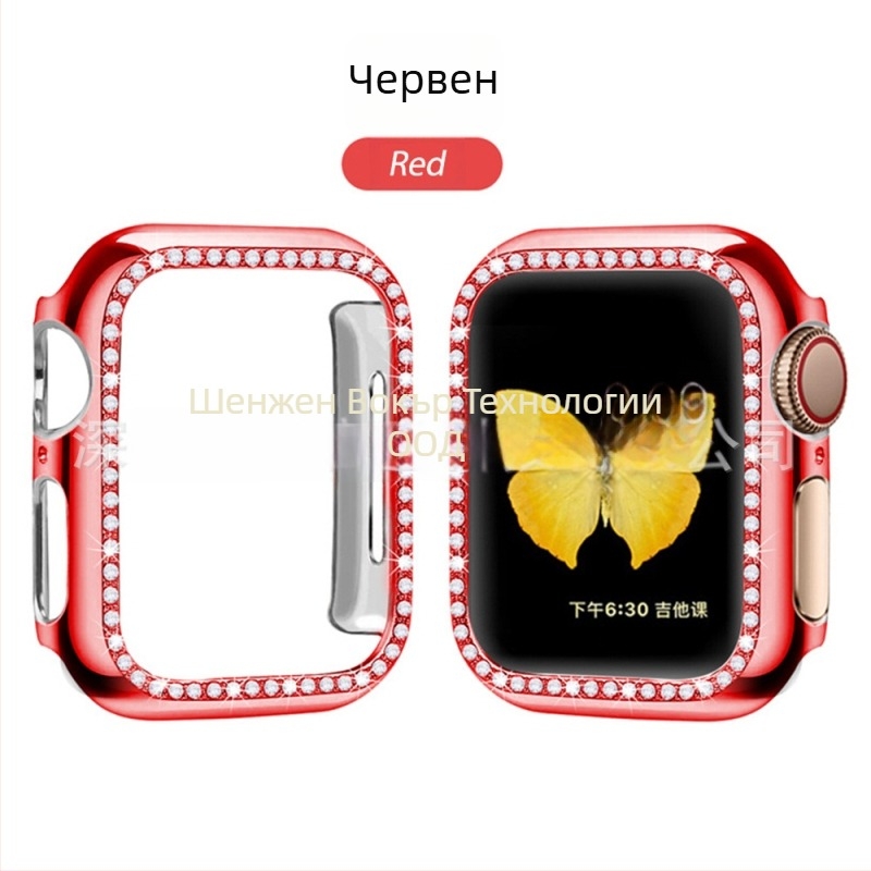 Защитен калъф за Apple Watch от PC, едноредово диамантено инкрустиране и електроплатен финиш, съвместим със серия 8/7/SE