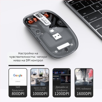 Безжична Bluetooth мишка с двойен режим и USB-C зареждане, 2.4G + Bluetooth, 5 бутона, 400mAh батерия, DPI 800–1600