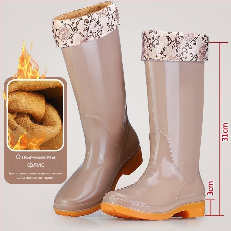 Дамски високи PVC ботуши за дъжд, антихлъзгаща подметка, нисък ток 1-3 cm, дебела конструкция, без връзки