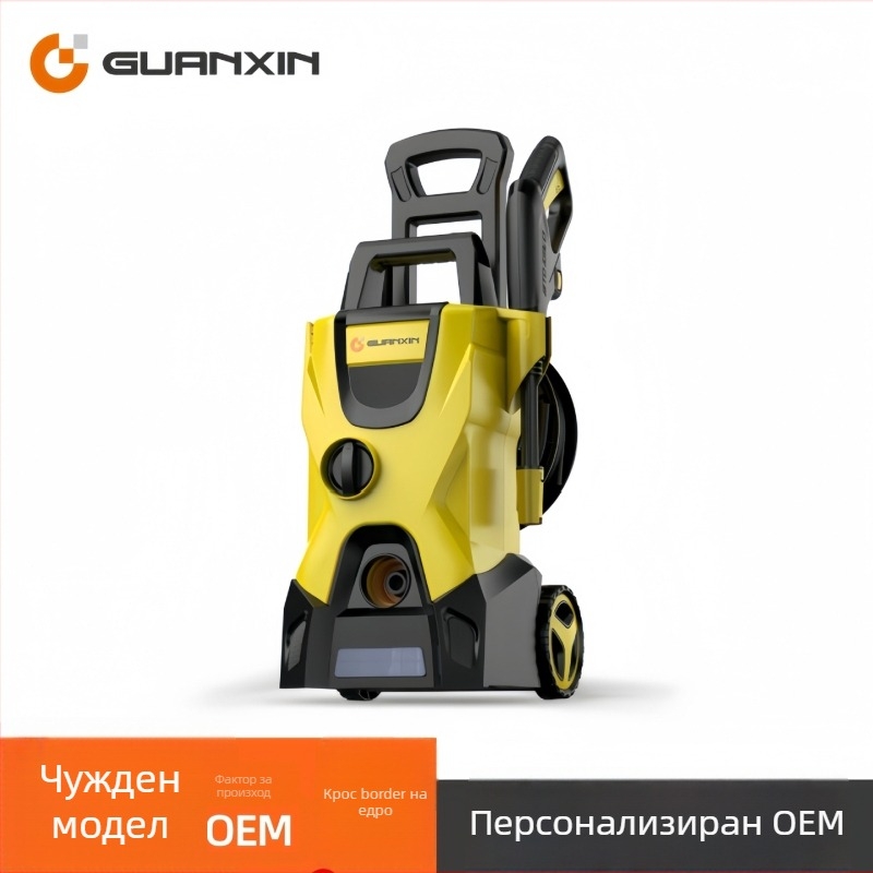 Вертикална 220V автомобилна водоструйка с 1800W, PP корпус, AC мотор, макс. налягане 65 bar, дебит 4-8 л/мин, с четка за промиване