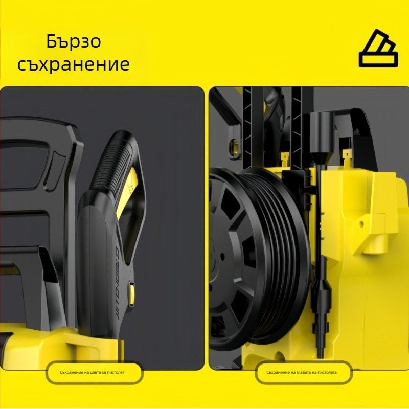 Вертикална 220V автомобилна водоструйка с 1800W, PP корпус, AC мотор, макс. налягане 65 bar, дебит 4-8 л/мин, с четка за промиване