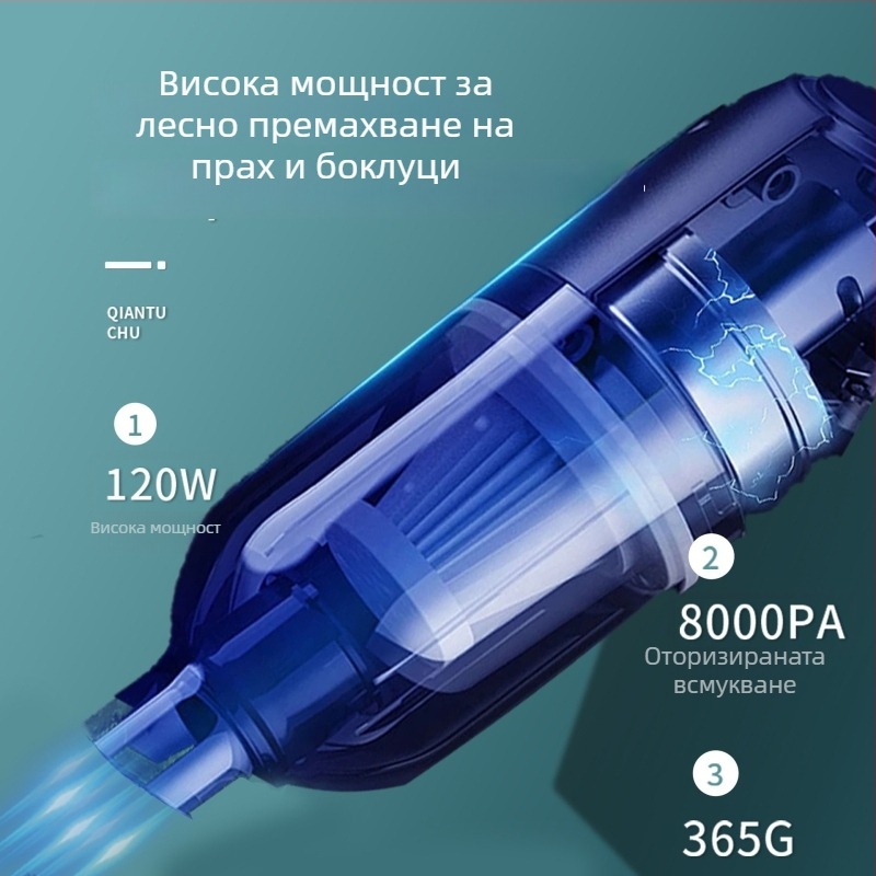 Мини вакуум за кола – безжичен, ръчен, сила на всмукване 9000Pa, 7.4V, 120W, презареждаем