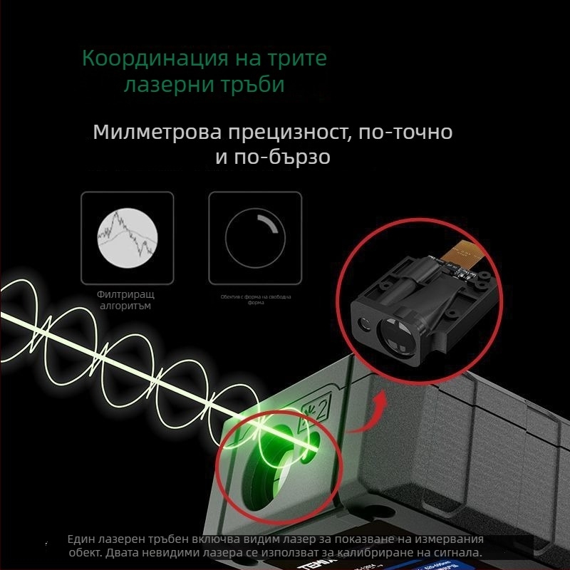 Лазерен измервател на разстояние, ръчен, за вътрешна и външна употреба, презареждаем