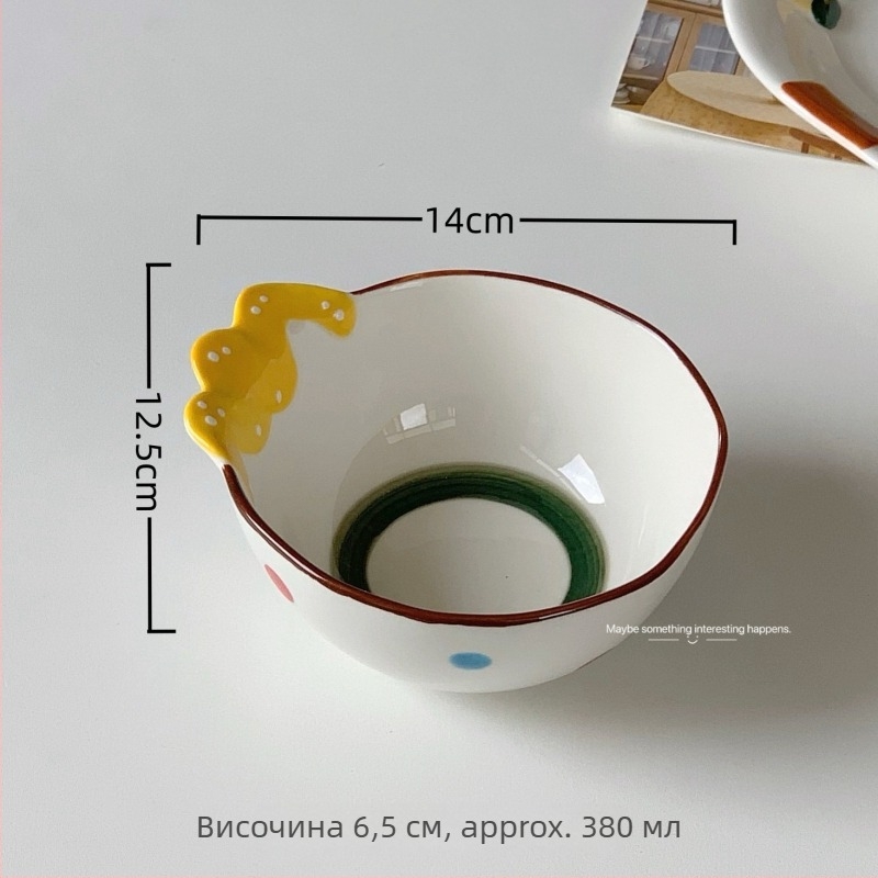 Комплект купа и чиния от керамика, кръгла форма, карикатурен принт, сладък стил, подходящ за микровълнова печка, за възрастни