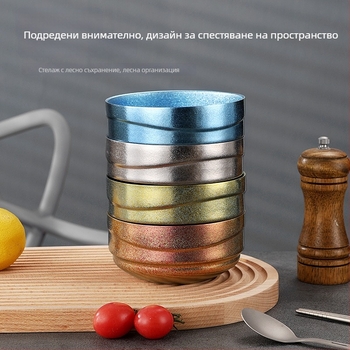 Кръгли титанови купи с двойно-слойна изолация за външна употреба — луксозен комплект съдове за хранене с повърхност Crystal Ice Flower