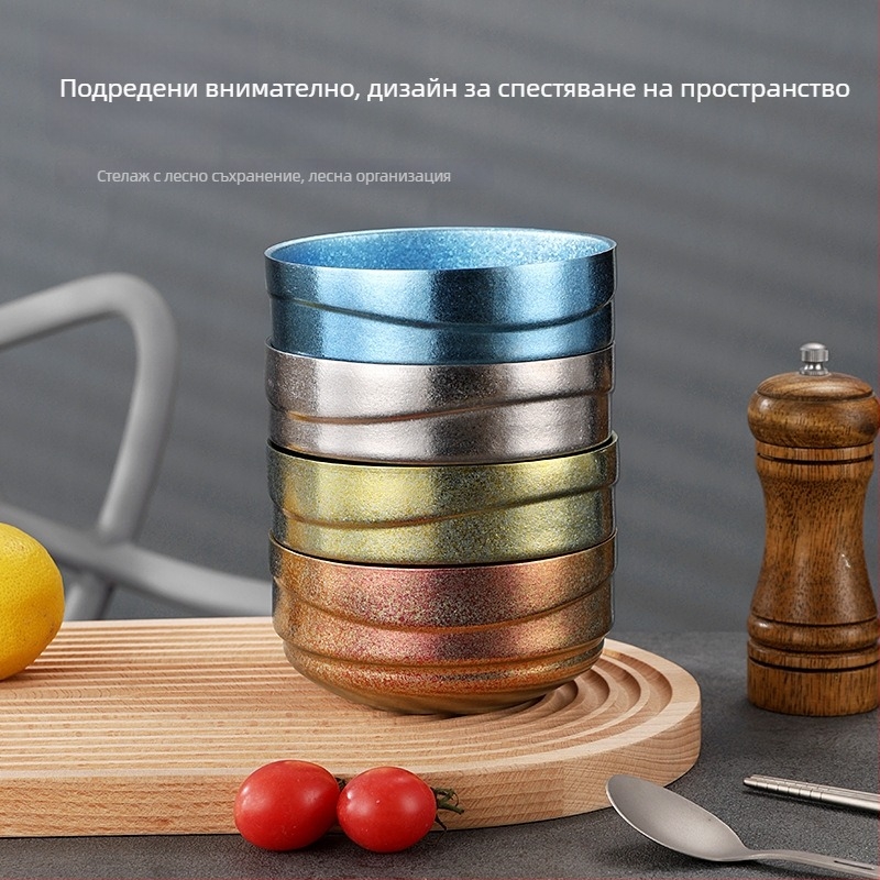 Кръгли титанови купи с двойно-слойна изолация за външна употреба — луксозен комплект съдове за хранене с повърхност Crystal Ice Flower