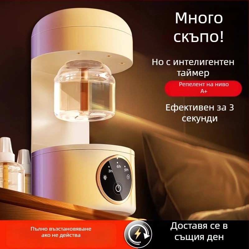 Електрически репелент за комари (течност/таблетка) с LED осветление, подходящ за 31–40 м², време на работа 3–6 ч, вградена батерия