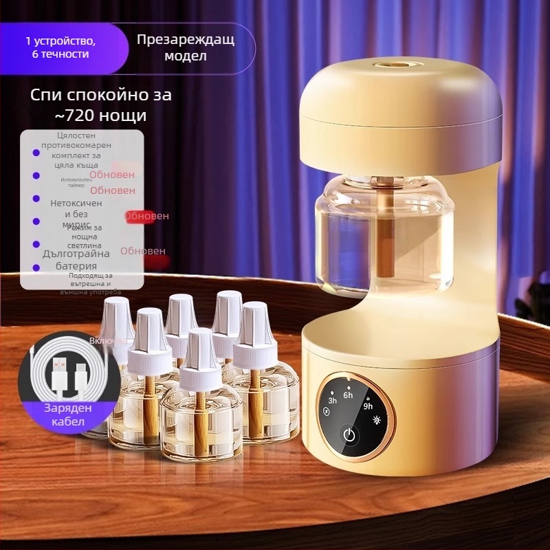 Електрически репелент за комари (течност/таблетка) с LED осветление, подходящ за 31–40 м², време на работа 3–6 ч, вградена батерия