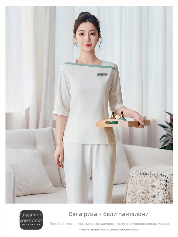 Женски комплект работно облекло за козметичен салон — топ с V-образно деколте и къс ръкав, панталон в костюм стил; влагоабсорбиращ и дишащ; полиестер-еластан смес (≥95% полиестер)