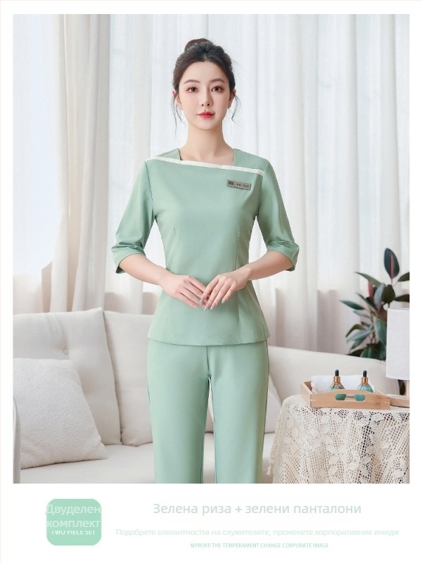 Женски комплект работно облекло за козметичен салон — топ с V-образно деколте и къс ръкав, панталон в костюм стил; влагоабсорбиращ и дишащ; полиестер-еластан смес (≥95% полиестер)