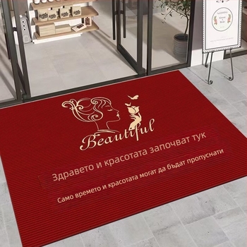 Входен килим за салони за красота и маникюр – кристален велур, печатен дизайн, квадратна форма, персонализиран, текст/геометричен мотив