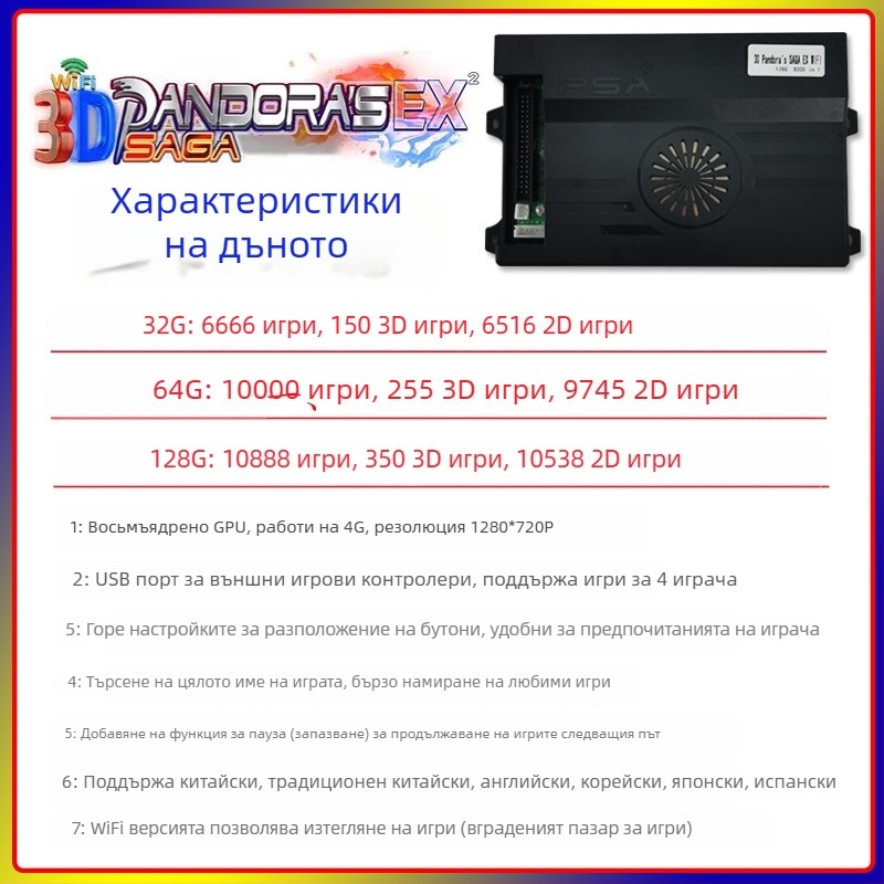 Аркадна дънна платка за игри 3D Pandora EX — Android, 128 GB памет, HDMI/VGA/USB интерфейси, Paperback версия на играта, стил носталгичен