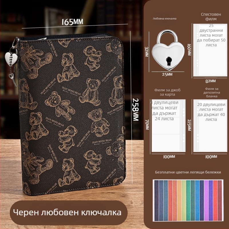 Зип чантичка за документи с дизайн на анимационно мече, PU материал, голям капацитет за банкноти, карти и разписки, възможност за печат на лого