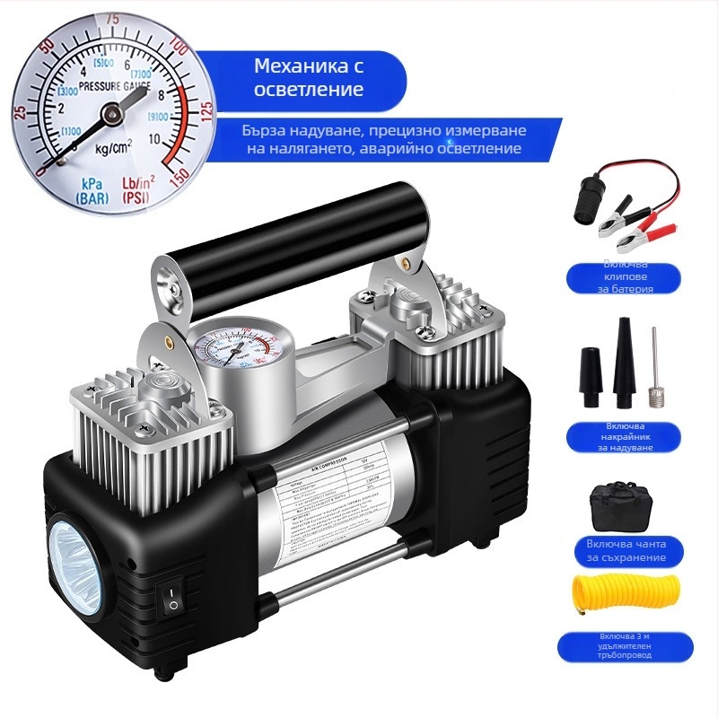 Портативна електрическа двуцилиндрова помпа за автомобилни гуми с цифров дисплей, 12V, 180W, 45 л/мин, 3 м кабел