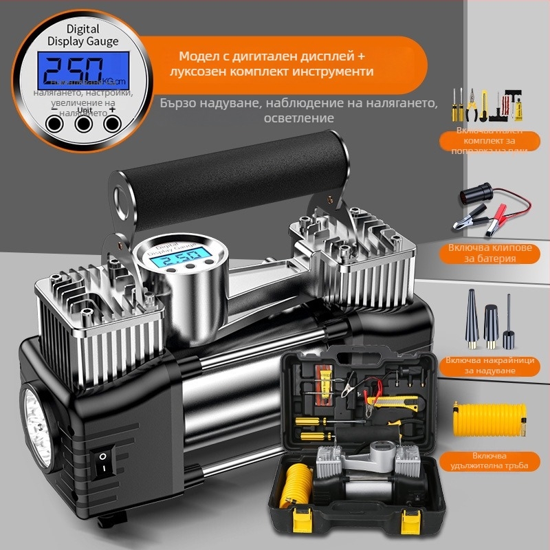 Портативна електрическа двуцилиндрова помпа за автомобилни гуми с цифров дисплей, 12V, 180W, 45 л/мин, 3 м кабел