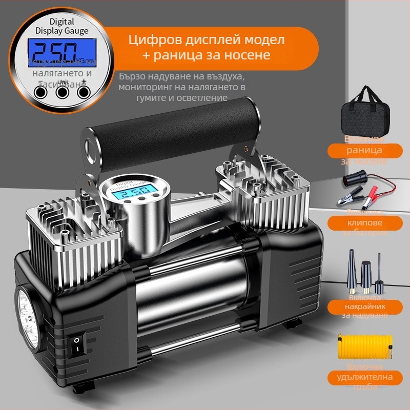 Портативна електрическа двуцилиндрова помпа за автомобилни гуми с цифров дисплей, 12V, 180W, 45 л/мин, 3 м кабел