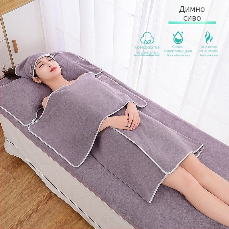 Комплект кърпи за козметичен салон със турбан, кърпа за деколте и кърпа за баня; микрофибър, 400 g; бързо съхнене и висока абсорбция; възможност за печат на лого; 3- или 5-частов комплект