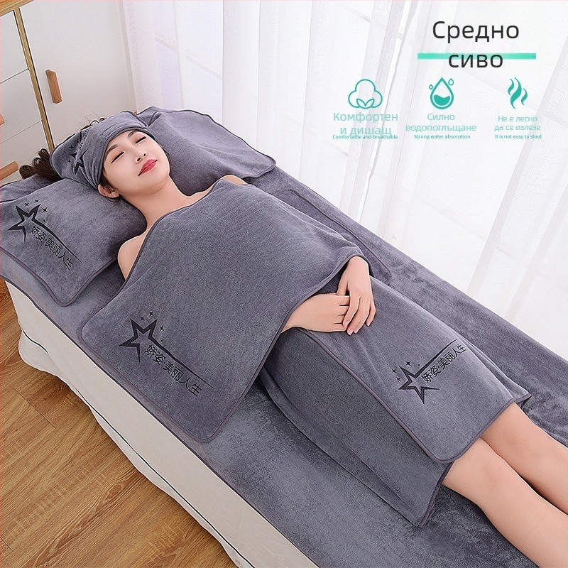 Комплект кърпи за козметичен салон със турбан, кърпа за деколте и кърпа за баня; микрофибър, 400 g; бързо съхнене и висока абсорбция; възможност за печат на лого; 3- или 5-частов комплект
