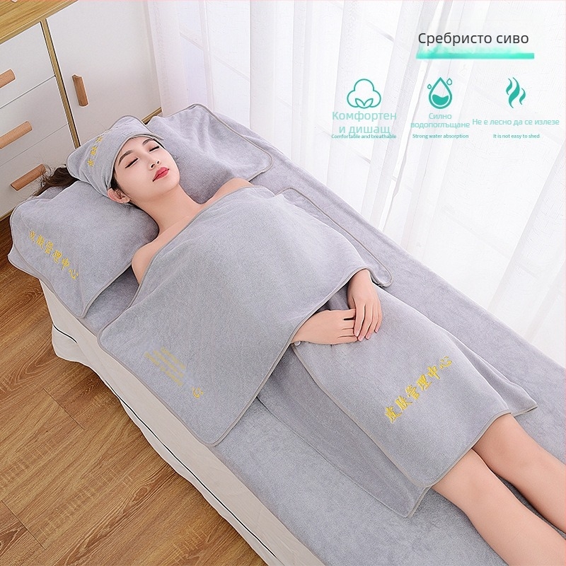 Комплект кърпи за козметичен салон със турбан, кърпа за деколте и кърпа за баня; микрофибър, 400 g; бързо съхнене и висока абсорбция; възможност за печат на лого; 3- или 5-частов комплект