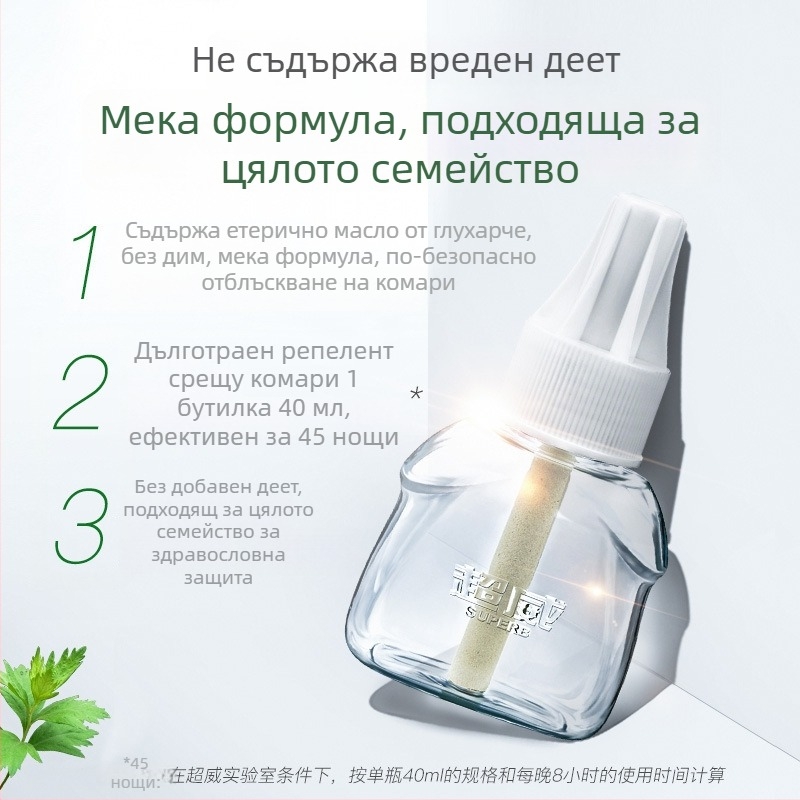 Електрически разтвор за отблъскване на комари – Mugwort аромат, лека формула, една бутилка, 24 броя в кутия, регистрационен номер за пестициди Wp20120071.