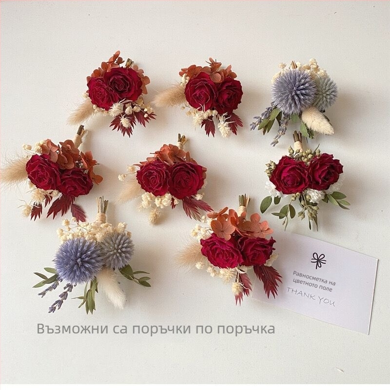 Корсаж с роза и изсушени листни жилки, марка 999 — аксесоар за булката и младоженеца на сватба