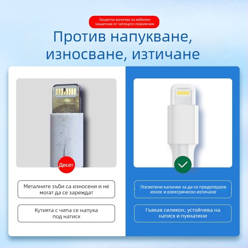 Силиконова защита за кабел за данни – Всичко включено, модел 413; съвместима с кабели на Apple, Huawei, Xiaomi и Vivo; защита срещу счупване и износ на метал.