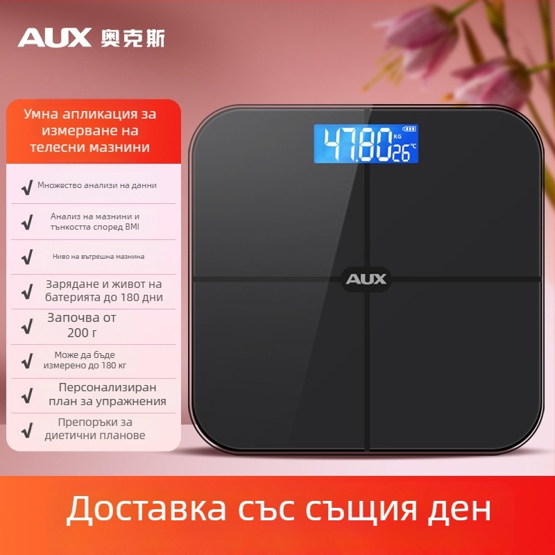 Aux електронна везна за телесни мазнини, LCD дисплей, сензорен режим, тегло 0.2–180 кг, закалено стъкло, модел ATZ-30D4C112