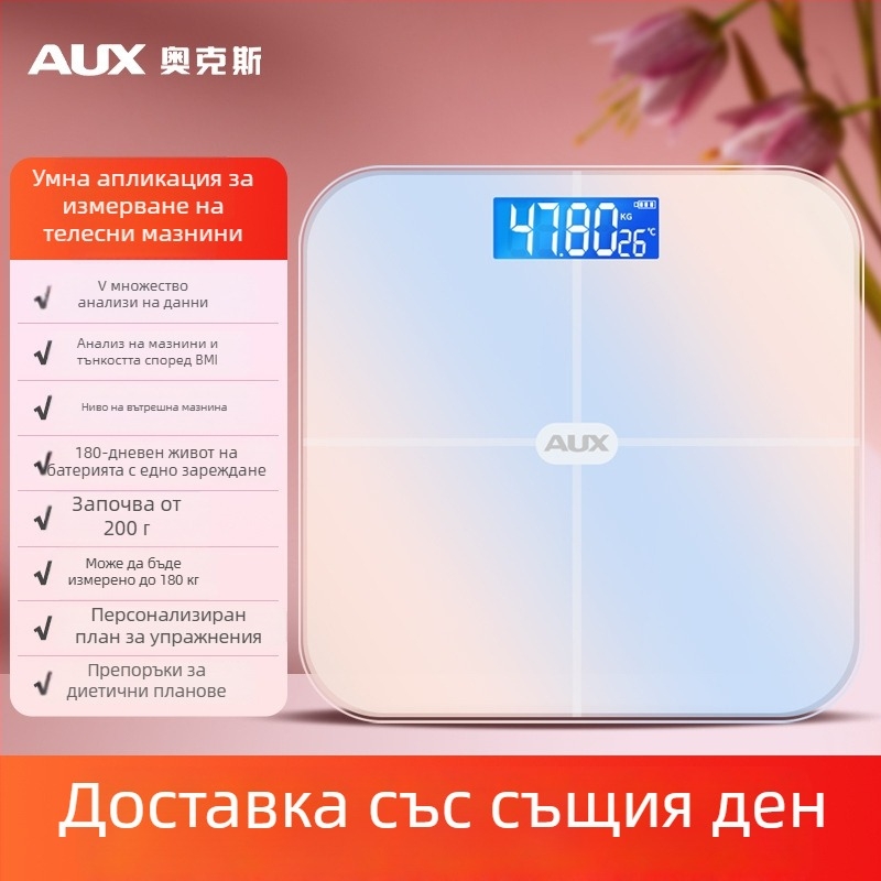 Aux електронна везна за телесни мазнини, LCD дисплей, сензорен режим, тегло 0.2–180 кг, закалено стъкло, модел ATZ-30D4C112