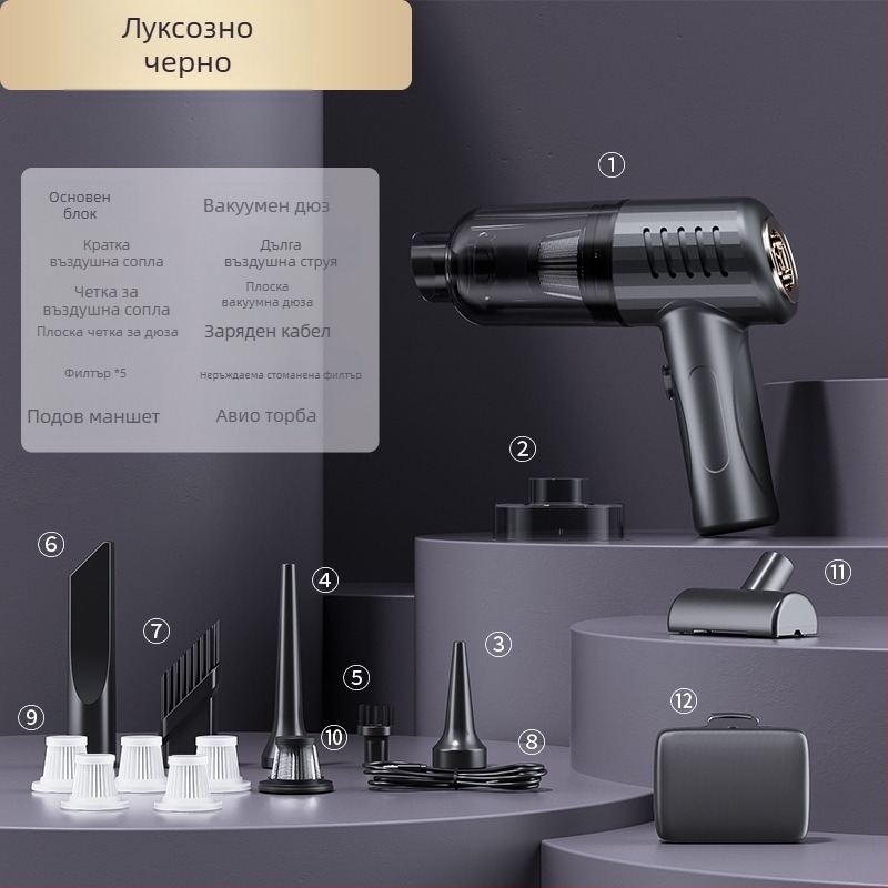 Ръчен вакуум за кола с мощно засмукване, безжичен, за кола и дом (90W, 20000Pa, презареждаем)