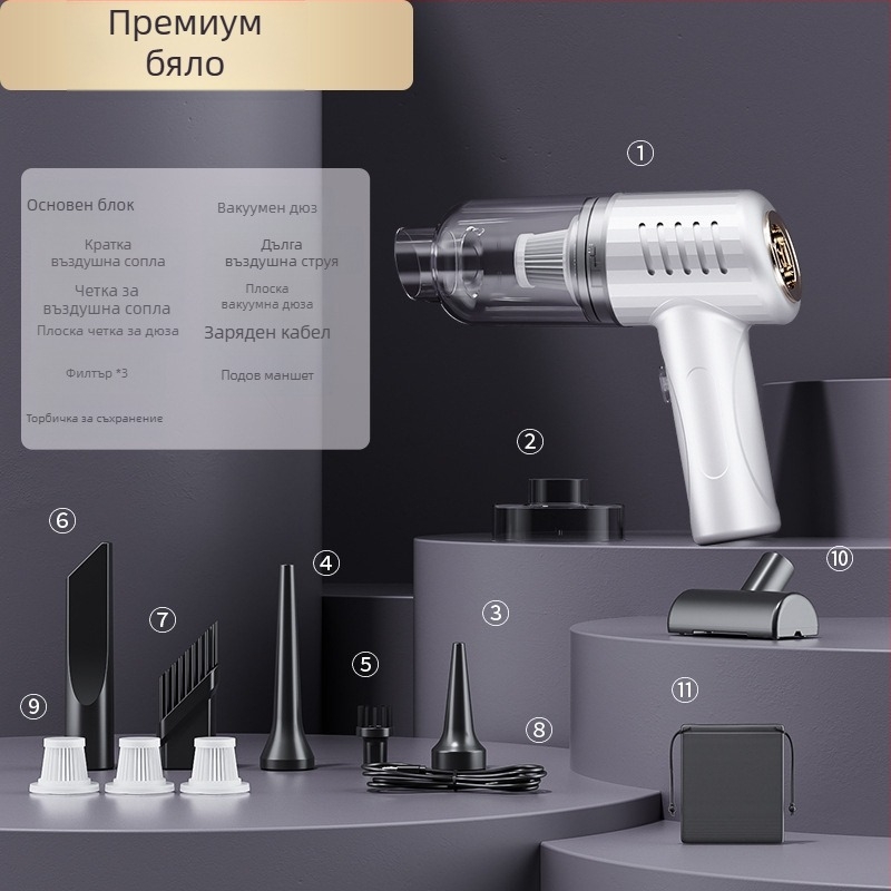 Ръчен вакуум за кола с мощно засмукване, безжичен, за кола и дом (90W, 20000Pa, презареждаем)