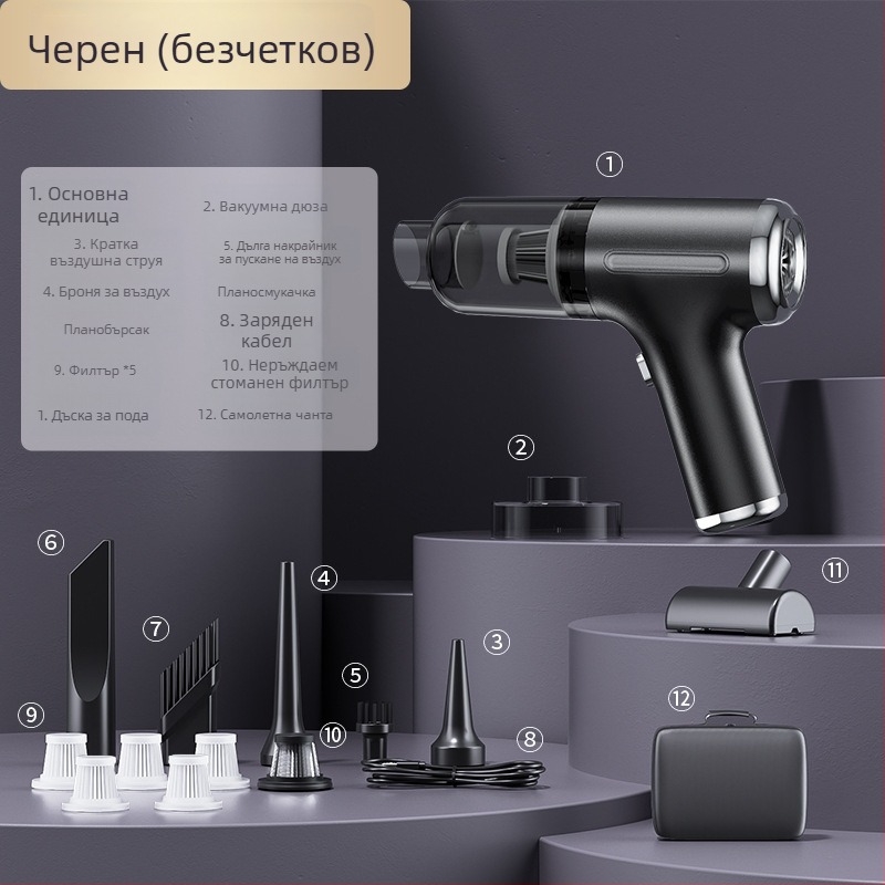 Ръчен вакуум за кола с мощно засмукване, безжичен, за кола и дом (90W, 20000Pa, презареждаем)
