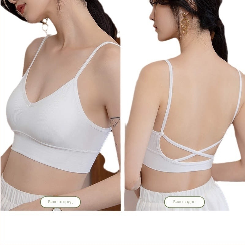 Бюстие с кръстосани презрамки и открит гръб, подплатено бюстие, тънки формовани чашки, найлон 70–80%, памучна подплата, фиксирани двойни презрамки
