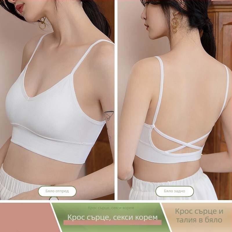 Бюстие с кръстосани презрамки и открит гръб, подплатено бюстие, тънки формовани чашки, найлон 70–80%, памучна подплата, фиксирани двойни презрамки