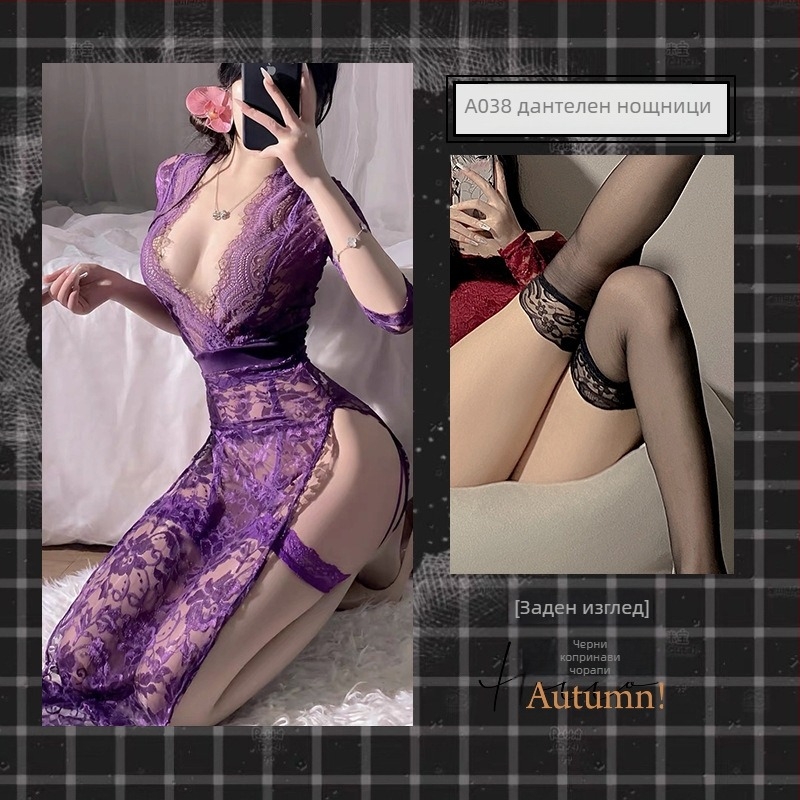 Flower Sea бельо-нощница с мрежеста тъкан и дантела, дълбок V, презрамки, дълга пола — Ultra-тънък полиестер (40 g/m²), 95–100% полиестер