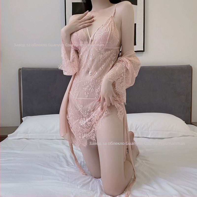 Дантелена двучастова нощница с изрязани детайли – ултра тънък плат, спандекс, лято 2022, съдържание на основното влакно 50–70%