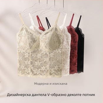 Дантелена потничка с вградени подплънки за сутиен, за носене върху дрехи или слоево обличане, push-up и подсилване на гръб, чашка 3/4