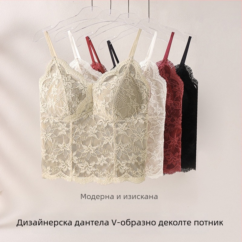Дантелена потничка с вградени подплънки за сутиен, за носене върху дрехи или слоево обличане, push-up и подсилване на гръб, чашка 3/4