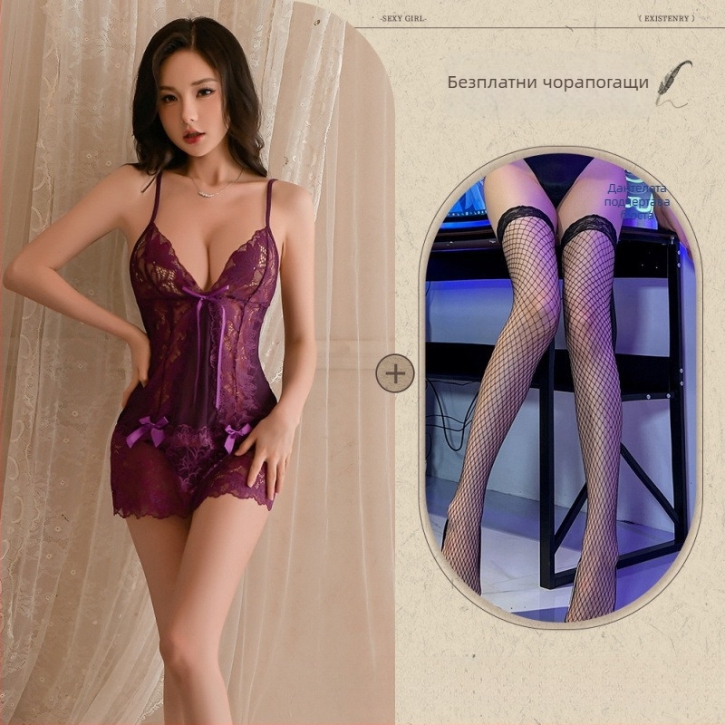 Женски секси дантелен комплект бельо със прозрачни презрамки (Полиестер 90–95%, Ултра тънък 81–100 г/м², Пролет 2025)
