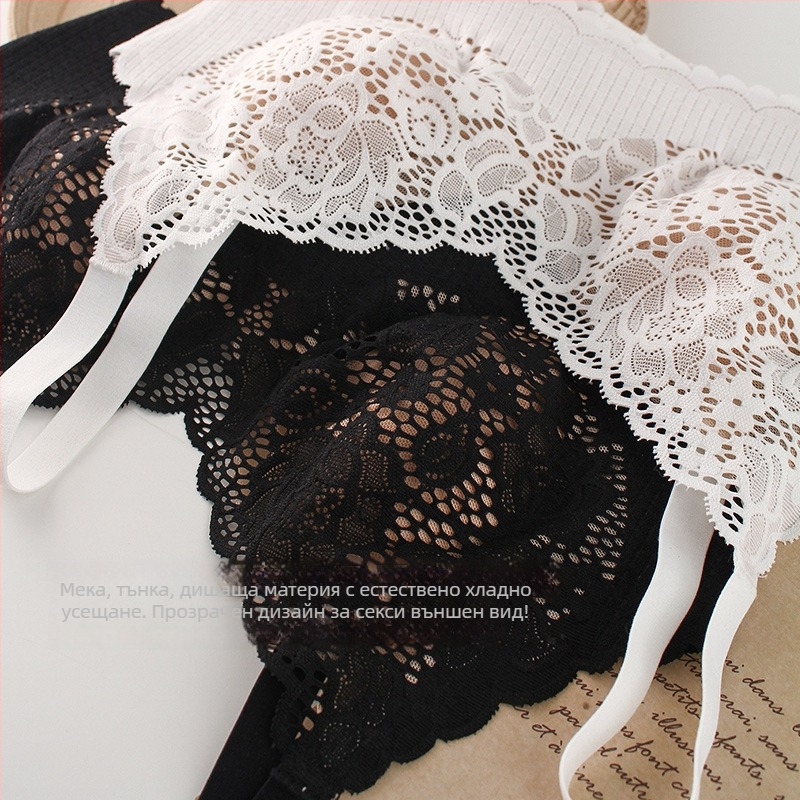 Без презрамки дантелен сутиен с триъгълни чашки, тънък модел чашки, основна материя нейлон, подплата модал, едно парче дизайн