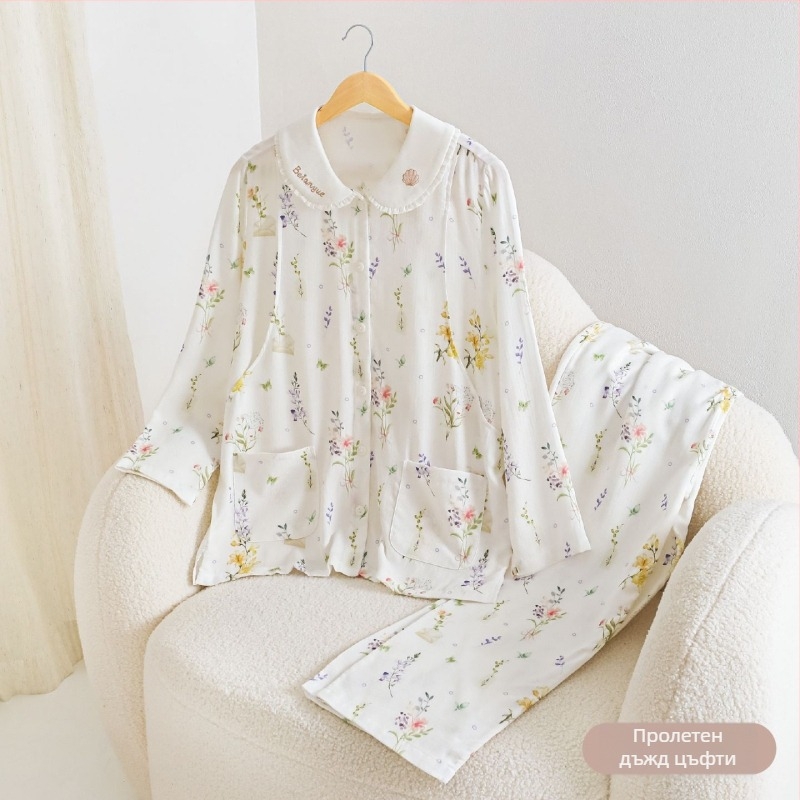 Beanyue Пижама за майчинство и кърмене от бамбуков памук, сет с дълги ръкави, яка тип лапел, тънък плат, 70–80% регенерирана целулоза