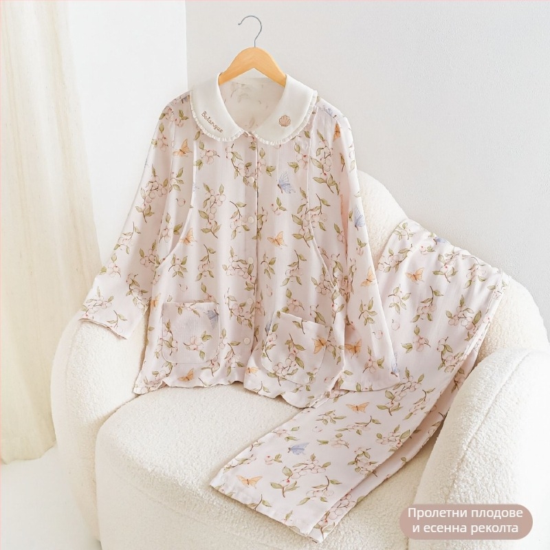 Beanyue Пижама за майчинство и кърмене от бамбуков памук, сет с дълги ръкави, яка тип лапел, тънък плат, 70–80% регенерирана целулоза