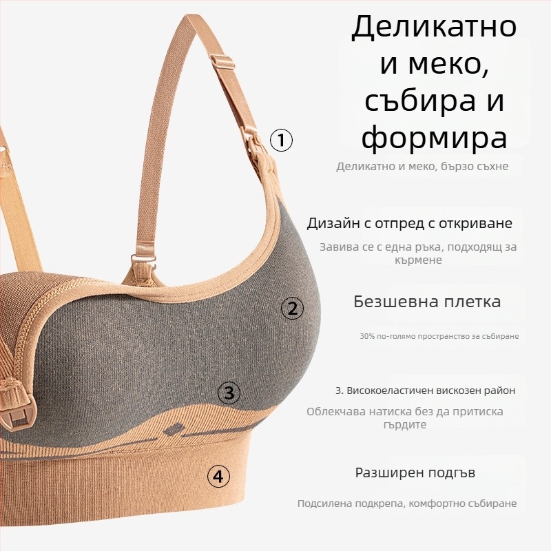 Бюстгалтер за кърмене за майки – безжичен, безшевен, чаши със среден модел, основен материал найлон, подплата спандекс, закопчаване на гърба с четири реда куки и капси