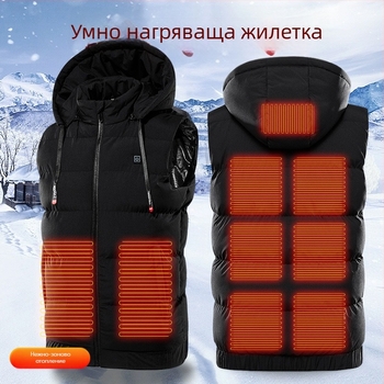USB захранвана нагряваща жилетка – девет-зонално нагряване, качулка, памучно подплатена жилетка за мъже