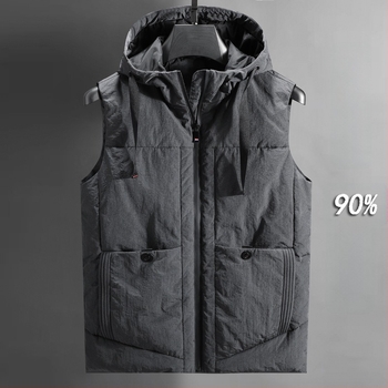 Мъжка пухена жилетка с качулка, японски ретро стил кардиган, тясна кройка, цип